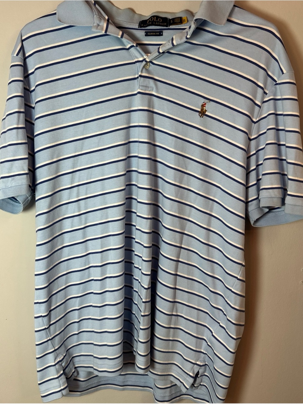 Vintage Polo Ralph Lauren 100% Cotton Blue/White Stripe Polo - Large